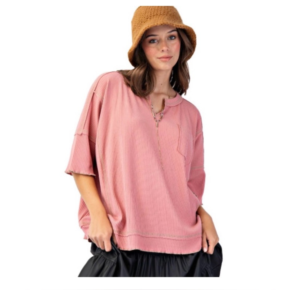 Easel Pink Ribbed Short Sleeve Top; Size S